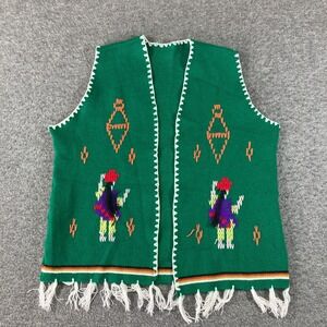 Vintage Hand Embroidered Tejidos Folklore Fringe Vest Size Large L Green Womens